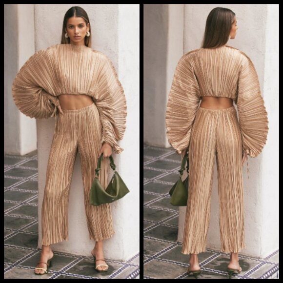 💕CULT GAIA💕 Kersti Pleated High Rise Satin Pants ~ Light Camel Medium M NWT